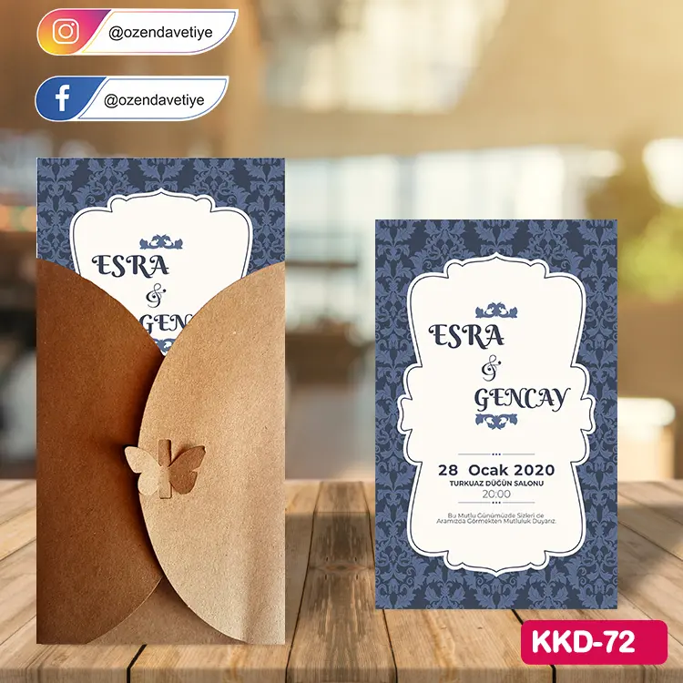 ozen-davetiye-Düğün Davetiyesi - Kelebekli Kraft Zarflı Davetiye Model No:72